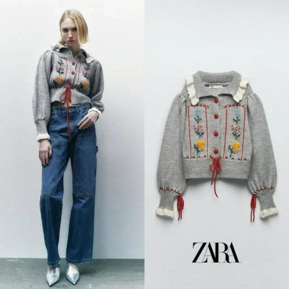 ZARA JACQUARD COLLARED FLORAL KNIT CARDIGAN - Picture 1 of 3